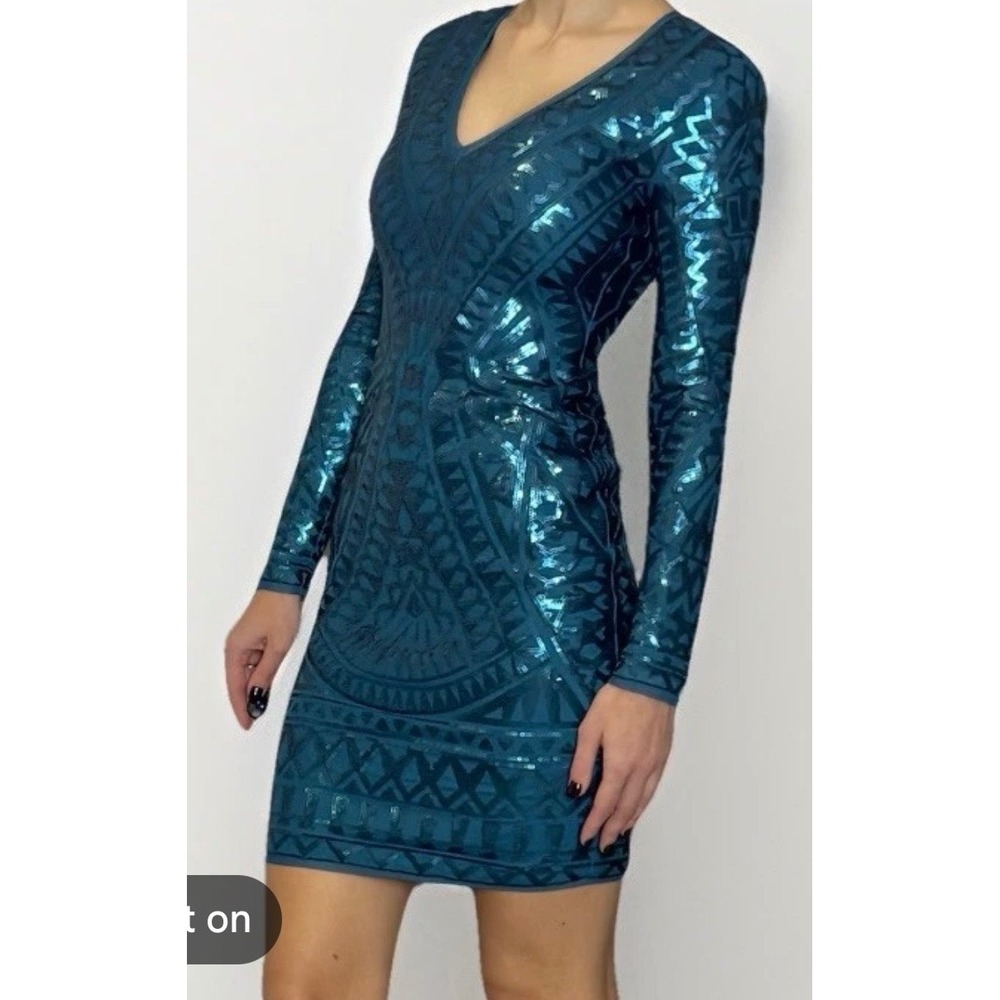 BCBGMAXAZRIA Teal Blue Sequin Geometric Long Sleeve V-Neck Bodycon Mini‎ Dress M